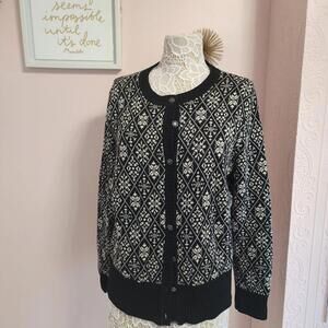 Pendleton Cardigan Sweater Womens XL Black White Snowflake Print Merino Wool W27